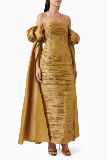 Ruched Off-shoulder Dress in Raw Silk