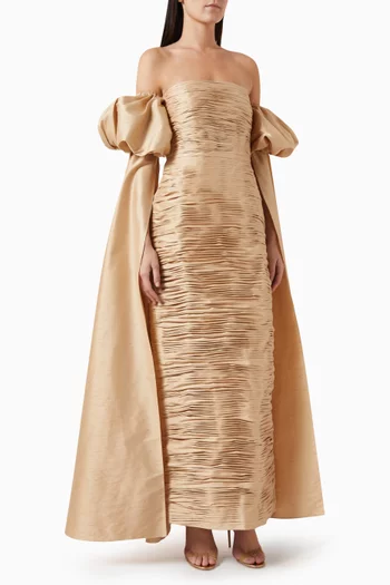 Ruched Off-shoulder Dress in Raw Silk