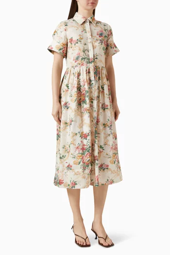 Floral-print Shirt Dress in Linen
