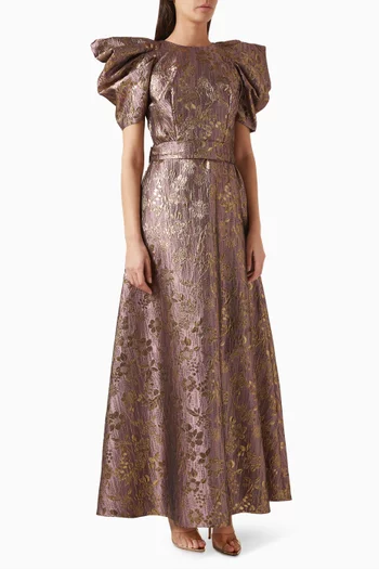 Puff-sleeve Maxi Dress in Metallic Jacquard