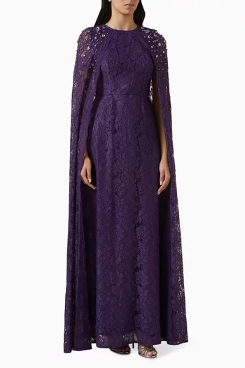 Embellished Cape-style Maxi Dress in Lace