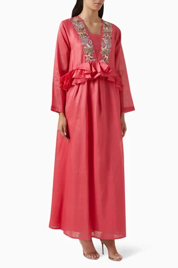 Floral Embroidery Maxi Dress in Linen-silk
