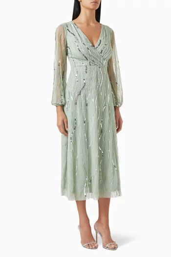 Sequin-embellished Wrap Midi Dress