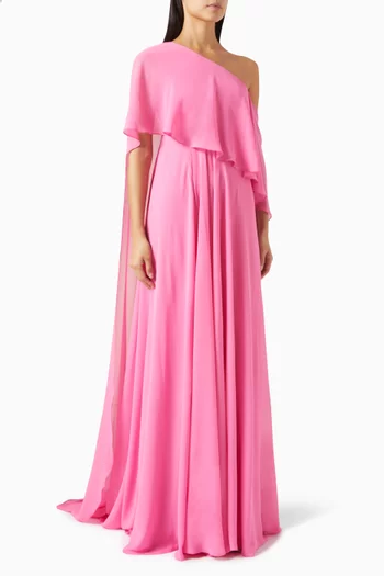 Cape-sleeve Maxi Dress in Crepe Georgette