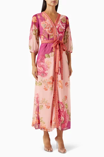 Floral-print Belted Midi Dress in Crinkle Georgette