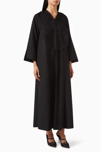 Thread & Bead Embroidered Abaya in Mixed Linen