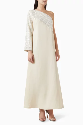 Embellished One-shoulder Maxi Dress in Cotton & Silk