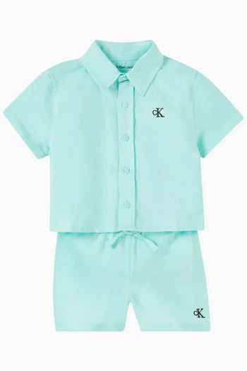 Logo-embroidered Shirt & Shorts Set in Cotton-linen Blend