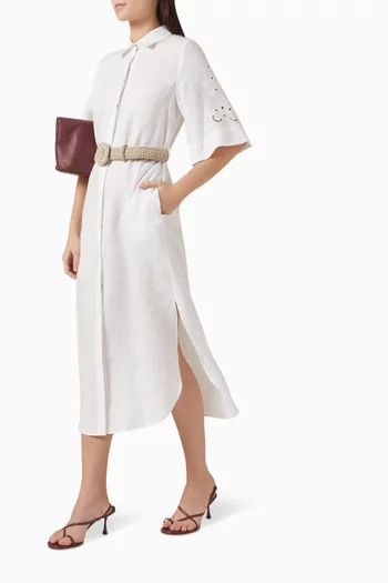 Anemomlyos Crochet Belt Shirt Midi Dress in Linen