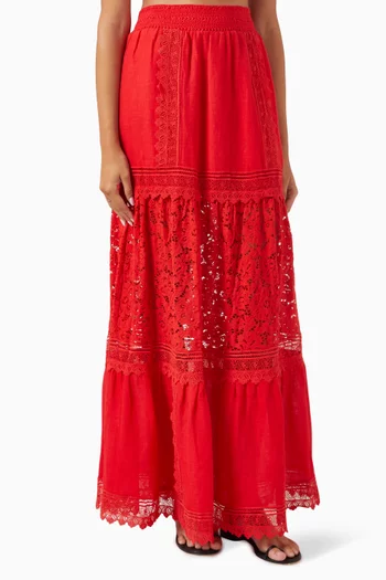 Reise Embroidered Tiered Maxi Skirt in Linen