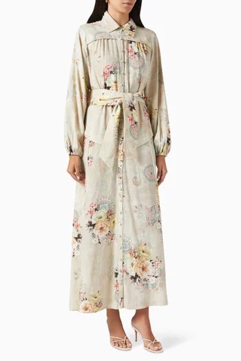 فستان اوديسا طويل بنقشة زهور مزيج كتان وفيسكوز