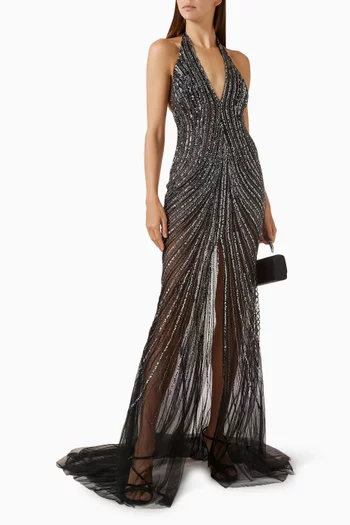 V-neck Slit Gown in Beaded Tulle