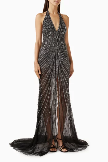 V-neck Slit Gown in Beaded Tulle