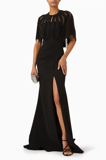 Embroidered Cape Gown in Crepe