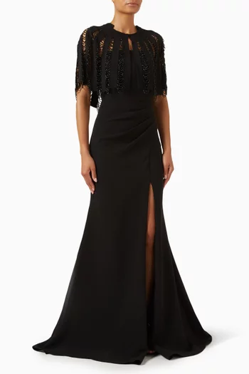 Embroidered Cape Gown in Crepe