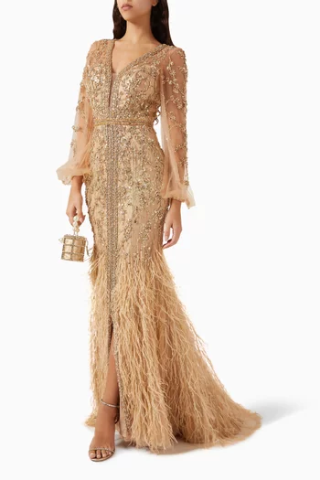 Feather & Crystal-embellished Maxi Dress in Tulle