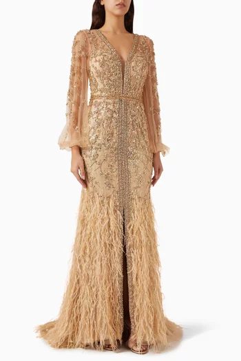 Feather & Crystal-embellished Maxi Dress in Tulle