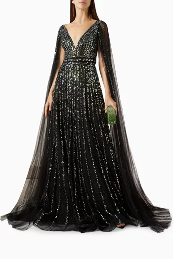 Beaded Cape Gown in Tulle