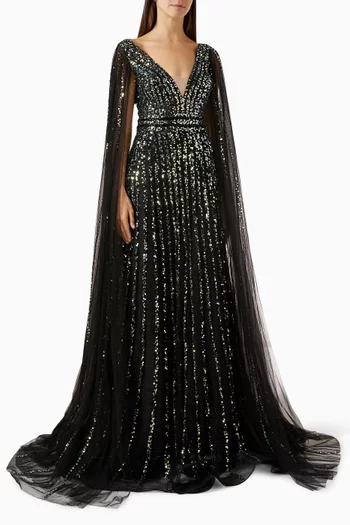 Beaded Cape Gown in Tulle