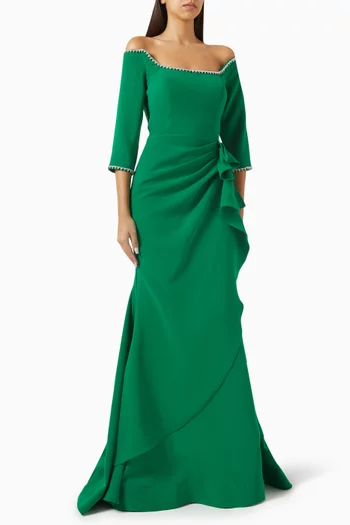 Off-shoulder Embellished Maxi Dress in Crepe