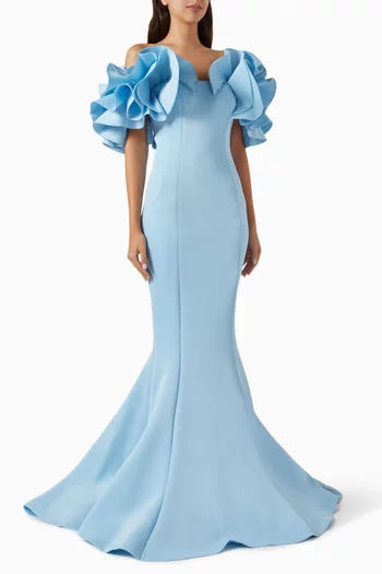 Ruffle Off-shoulder Gown in Scuba