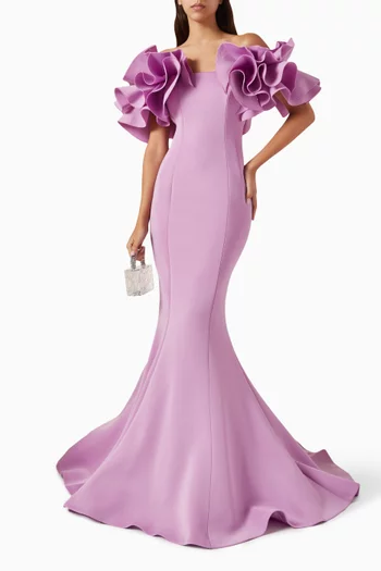 Ruffle Off-shoulder Gown in Scuba