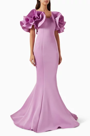 Ruffle Off-shoulder Gown in Scuba