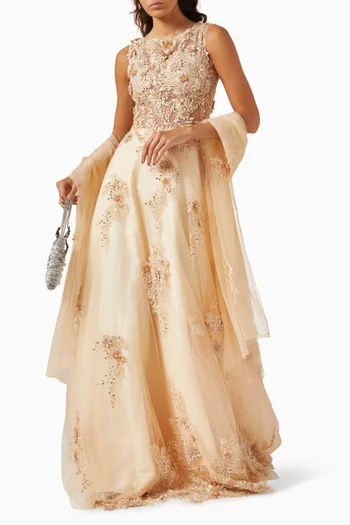 Beaded Lace Gown with Scarf in Tulle