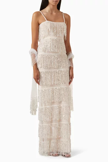 Beaded Fringe Gown in Tulle