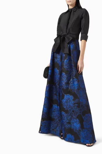 Floral-pattern Belted Maxi Dress in Taffeta