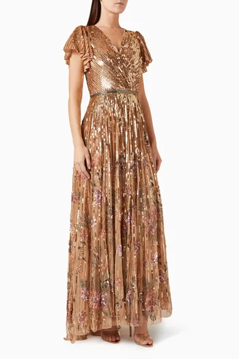 Flounce-sleeve Sequin-embellished Gown in Mesh