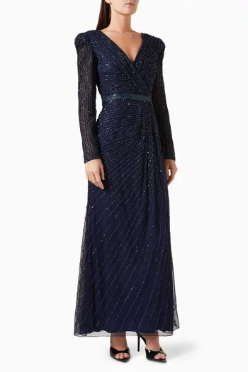 Sequin-embellished Wrap-style Gown in Mesh