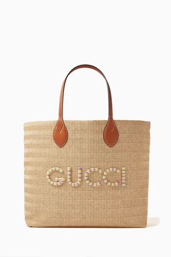 Medium Gucci Patch Tote Bag in Raffia