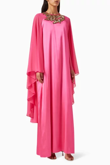 Embellished Cape Maxi Dress in Satin