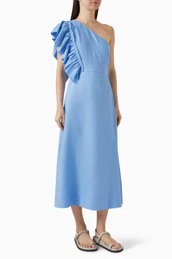 One-shoulder Ruffled Midi Dress in Linen