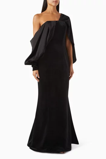 Asymmetric Draped Mantella Dress in Velvet & Cady