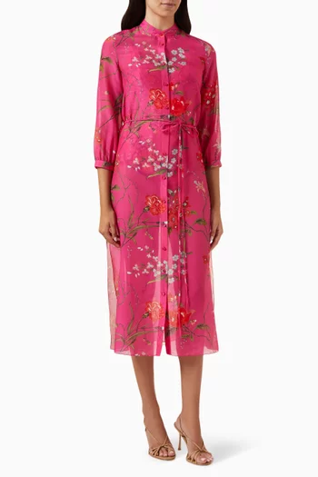 فستان متوسط الطول بنمط قميص مزين بنقشة زهور قطن وحرير