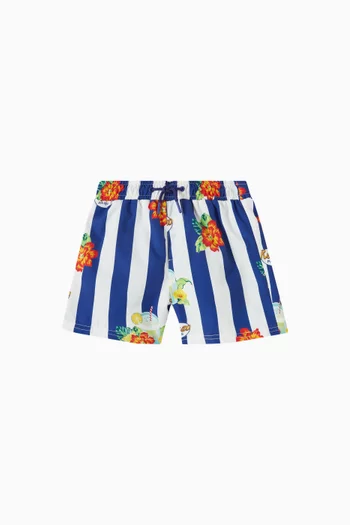 Striped Floral Swim Shorts in Nylon