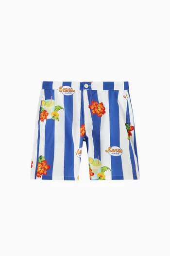 Striped Floral Bermuda Shorts in Cotton Poplin