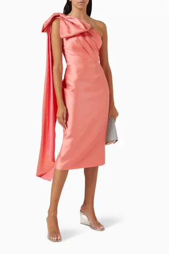 One-shoulder Midi Dress in Silk Mikado