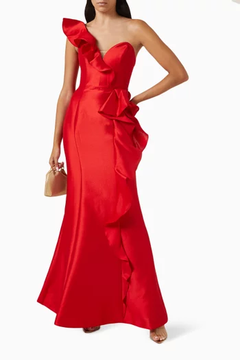 One-shoulder Ruffle Gown in Silk Mikado