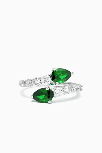 Double-pear CZ Open Ring in Rhodium-plated Brass
