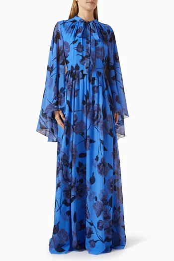 Floral-print Long-sleeve Gown in Silk