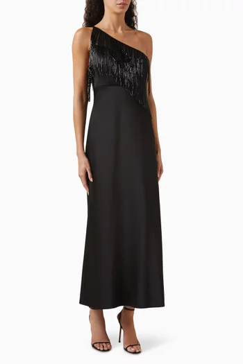 Josephine Fringed Midi Dress in Satin