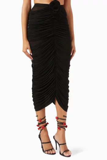 Ruched Rose Appliqué Midi Skirt in Cupro