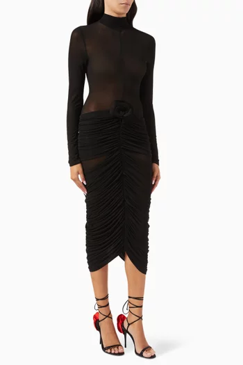 Sheer Ruched Midi Dress in Stretch Cupro