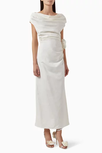 Wrap-shoulder Midi Dress in Silk