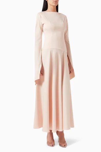 Elongated Long-sleeves Maxi Dress in Crepe Satin