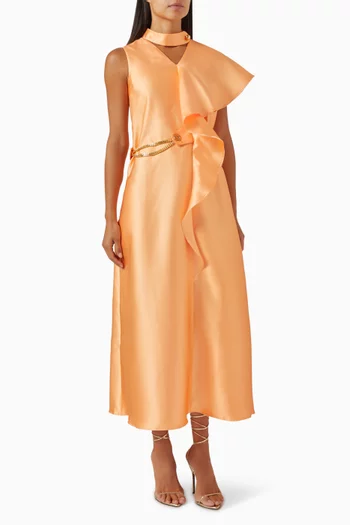 Ruffled Sleeveless Midi Dress in Satin