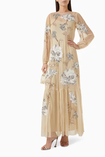 Floral Sequin-embellished Trapeze Maxi Dress in Tulle